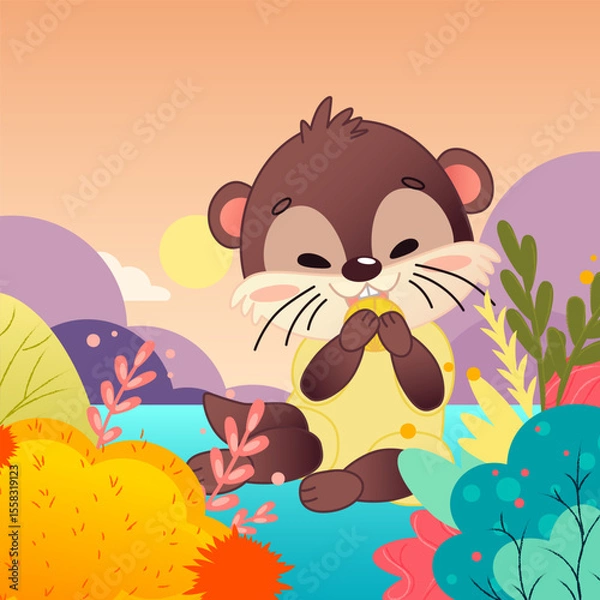 Fototapeta A cute cartoon otter with a shell sits on the bank of a colorful river surrounded by bright plants and trees. The background depicts a sunset with soft pastel colors. Vector illustration