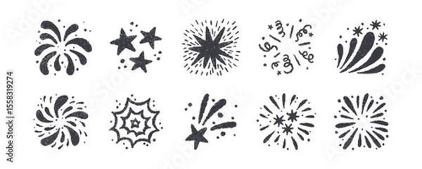 Obraz Crayon doodle firework symbol. Hand drawn firework pencil sketch. Chalk magic sparkle. Crayon texture starburst. Vector illustration on white background.