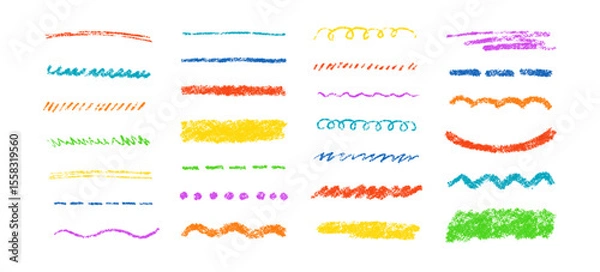 Obraz Hand drawn crayon scribble lines. Doodle chalk marker line stripes collection. Wavy chalk texture underlines. Handmade brush scribble dividers. Vector illustration isolated on white background.