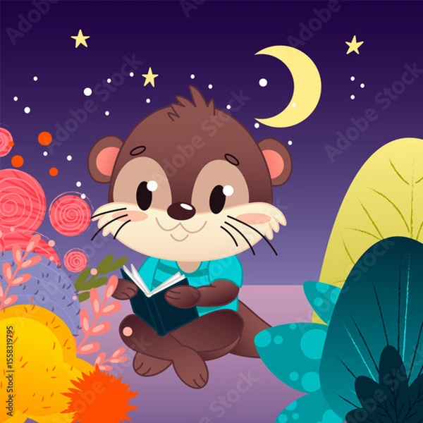 Fototapeta A cute cartoon otter is reading a book on the bank of a colorful river surrounded by bright plants and trees. The background shows a night sky with stars and moon. Vector illustration