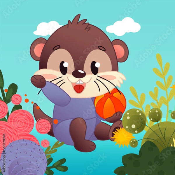 Fototapeta A cute cartoon otter with a beach ball sits on the bank of a colorful river surrounded by bright plants and trees. The background depicts the sky in soft pastel colors. Vector illustration