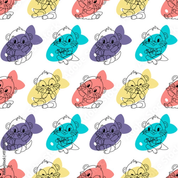 Fototapeta Seamless pattern of four cute otters in different playful poses on the background of four colorful fish: yellow, blue, red and purple. Each otter has a different facial expression and does different