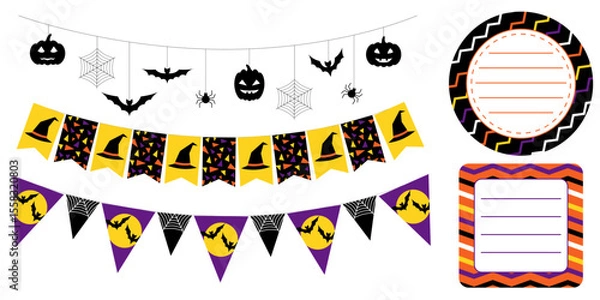 Fototapeta Cute Halloween themed garlands and sticker shapes in black orange purple and yellow. Round rectangular and square labels for party invitations scrapbook packaging and festive illustration use.