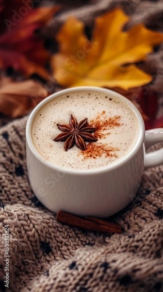 Obraz A cozy cup of warm spiced latte topped with a beautiful star anise and a sprinkle of cinnamon, surrounded by autumn leaves and a knitted blanket, evoking comfort and warmth.