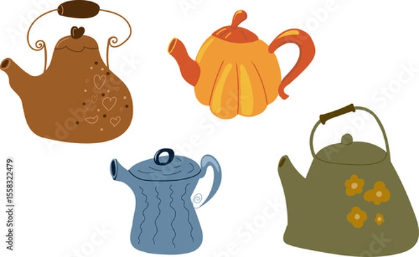 Fototapeta Collection of four isolated colorful vector teapots and kettles in autumn and cozy designs. Perfect for tea-themed projects, kitchen decor, and beverage illustrations.