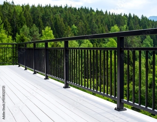 Obraz Modern deck with black railing overlooking forest