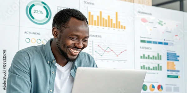 Fototapeta A Happy African Man with a Laptop Surrounded by Infographics for Data Visualization