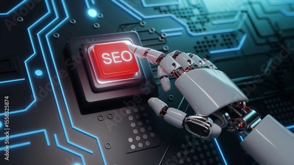 Obraz Futuristic Robotic Hand Pressing SEO Button on Digital Interface  AI-Powered Search Optimization Concept
