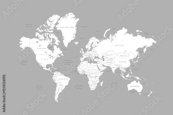 Fototapeta White world map on grey background. High detail political map with country names. Vector Illustration. 