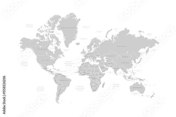 Fototapeta World map on white background. Ultra detailed political map with country names. Vector Illustration. 