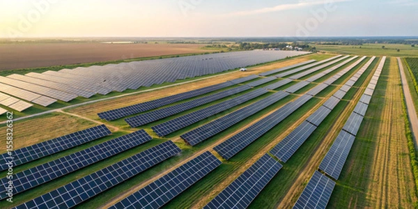 Fototapeta An Aerial View of a Solar Panel Farm Representing a Renewable Energy Concept for Eco-Friendly Power