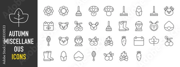 Obraz Autumn miscellaneous icons. Boy, Rain Boots, Carrot, Firewood, Berries, Honey, Sunflower, Broom, Rabbit,  Mushroom, Berries, Fork, Corn, Deer, Calendar, Cherry, Rabbit vector on white background.	
