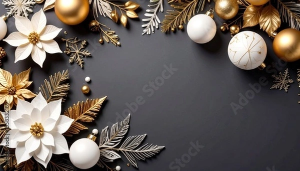 Obraz Elegant holiday decorations with gold and white ornaments festive background digital artwork indoor setting overhead view christmas spirit