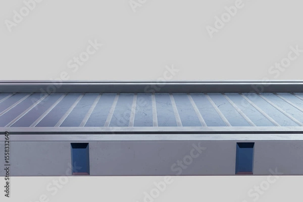 Obraz 3D rendering of an empty conveyor belt in a warehouse or factory setting, symbolizing production flow, logistics readiness, or halted operations
