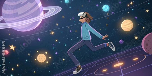 Fototapeta A 3D Rendering of a Cartoon Character in VR Glasses Floating in a Virtual Environment