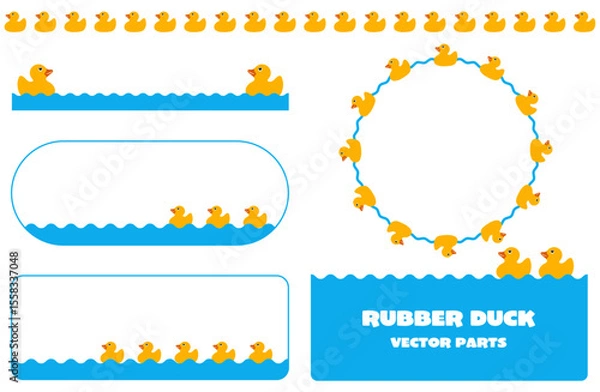 Obraz かわいらしい黄色のラバーダック（アヒルのおもちゃ）と装飾パーツが揃ったベクター素材セット｜アヒル、水面、フレーム、背景、カットアウト、育児、赤ちゃん、お風呂、保育、日用品