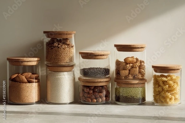 Fototapeta Modern glass pantry storage featuring sustainable design with functional cork lids showcasing an organized collection of dried foods and ingredients in a stylish kitchen setting