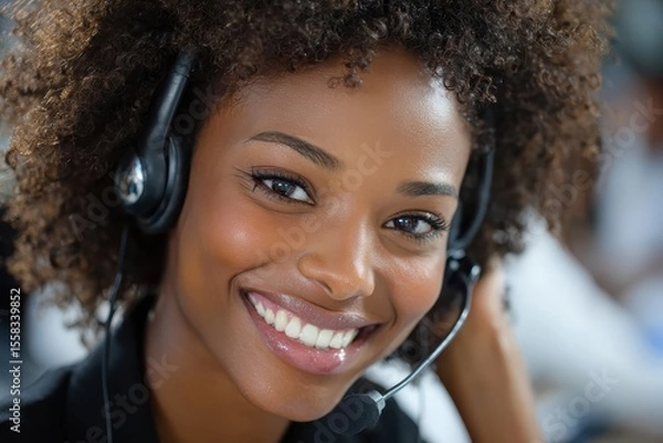 Fototapeta Happy customer service agent providing support in a busy office environment during working hours