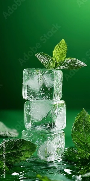 Fototapeta Three ice cubes neatly stacked, garnished with fresh mint leaves, create a refreshing visual against a soft green background, perfect for beverage lovers and summer refreshment.