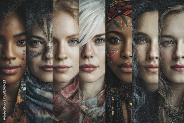 Fototapeta Diverse group of fictional women showcasing unique styles, expressions, and cultural attributes in an artistic display of unity and strength in a contemporary setting