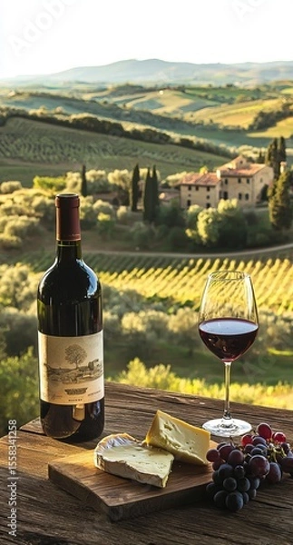 Fototapeta A beautiful arrangement featuring a bottle of red wine, a glass, cheese, and grapes with a stunning vineyard backdrop, evoking the essence of Italian culture and the joy of fine dining.