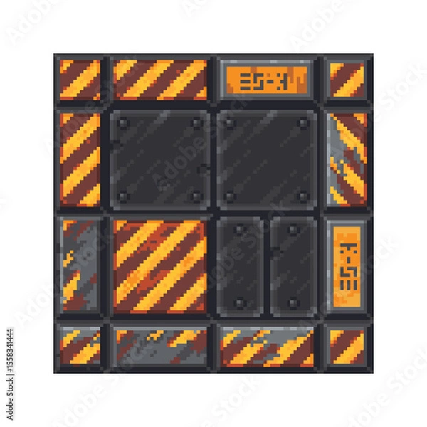 Fototapeta Pixel art sci-fi set floor tiles in a grungy industrial style with black panels, caution stripes, fans, and orange markings, retro video games, space environments, digital design projects