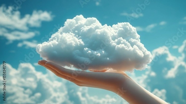 Obraz Hand holding fluffy cloud against bright blue sky with soft white clouds in the background