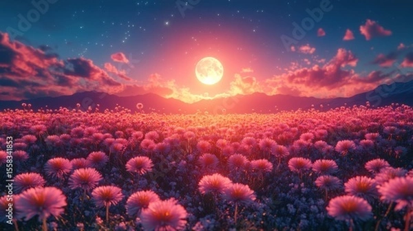 Obraz Stunning display of multi-coloured Tien Shan dandelions under a starry night sky with a crescent moon