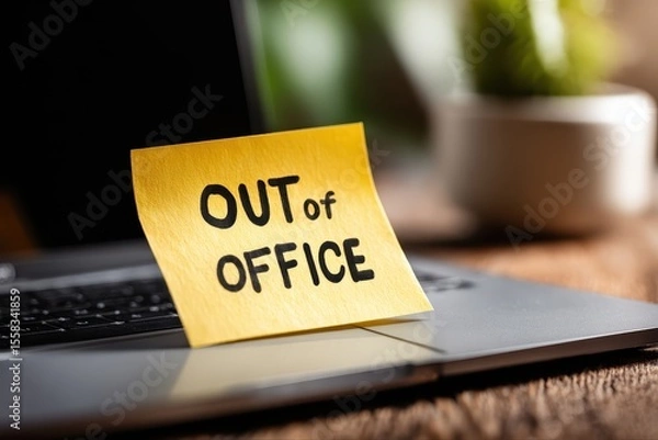 Fototapeta Out of office notice displayed on a laptop during vacation time, indicating absence from work for leisure and relaxation