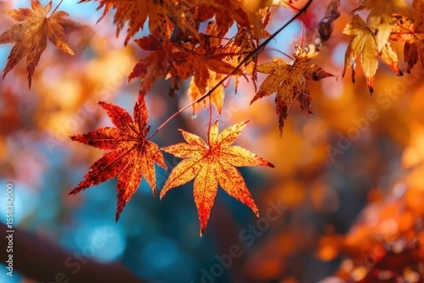 Fototapeta Vibrant red and orange maple leaves basking in sunlight on a beautiful autumn day in a serene forest setting