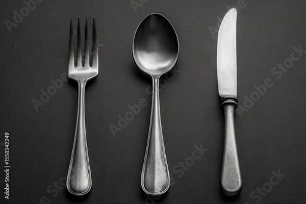 Fototapeta Realistic arrangement of a spoon, fork, and knife on a dark textured surface, showcasing elegant cutlery design suitable for dining settings or culinary presentations