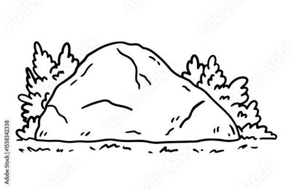 Fototapeta Stones in the grass and bushes isolated on a white background. Vector hand-drawn illustration in outline style. Landscape sketch. Perfect for cards, decorations, logo, various designs.
