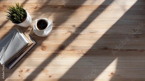Fototapeta Top down view of minimalist clean wooden desk surface bathed in soft morning sunlight in cozy home interior. Warm natural tones, tranquil workspace concept, peaceful and modern Scandinavian design.

