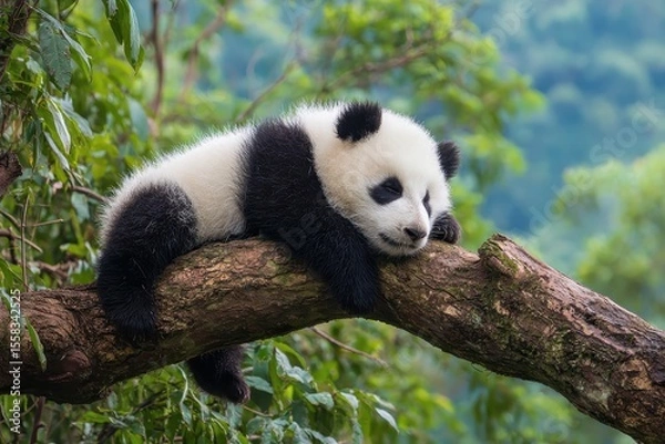 Fototapeta Lazy panda bear sleeps peacefully on a tree branch in a Chinese forest surrounded by lush greenery
