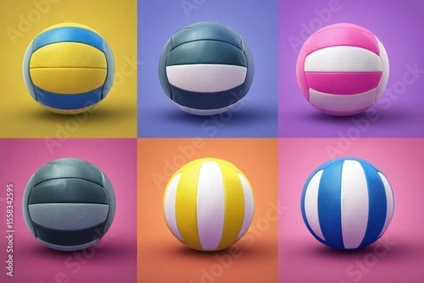 Fototapeta Modern volleyball logo set presents vibrant colors with various designs showcased in an artistic arrangement on colorful backgrounds