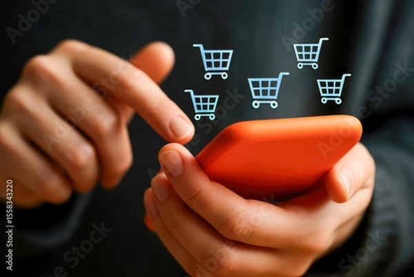 Fototapeta Customer shopping online with smartphone on e-commerce platform
