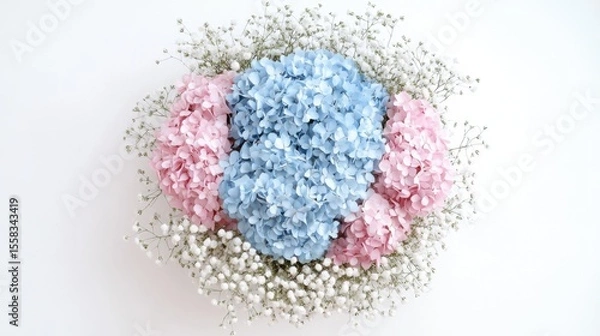 Obraz Beautiful round bouquet of light blue and pink hydrangeas with gypsophila in a milk carton on white background