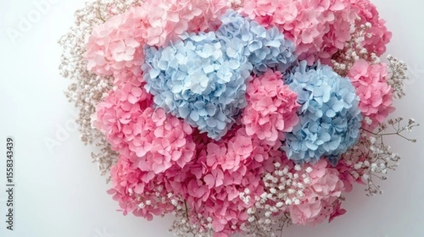 Obraz This stunning bouquet features light blue and light pink hydrangeas surrounded by delicate gypsophila, all arranged in a round milk carton on a white surface.
