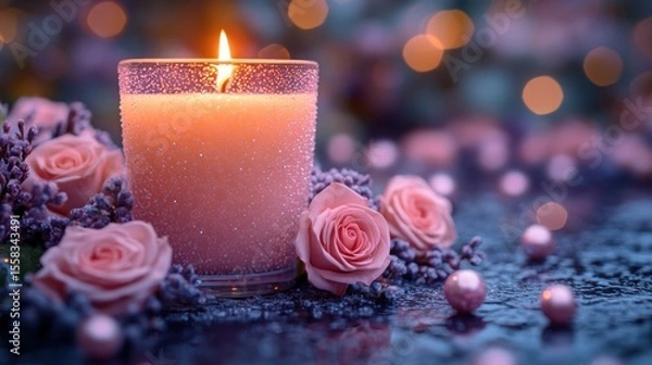 Obraz Candlelight ambiance with dried roses and beads creating a serene, enchanting atmosphere