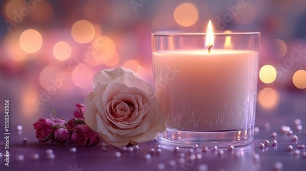 Obraz A pink candle flickers softly in a glass, surrounded by round beads and delicate dried roses on a blurred purple backdrop filled with sparkling dots.