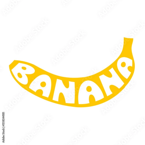 Fototapeta Vector illustration of a banana with creative lettering inside the fruit shape. Simple hand-drawn yellow banana on white background, combining fruit design and typography for healthy food themes.