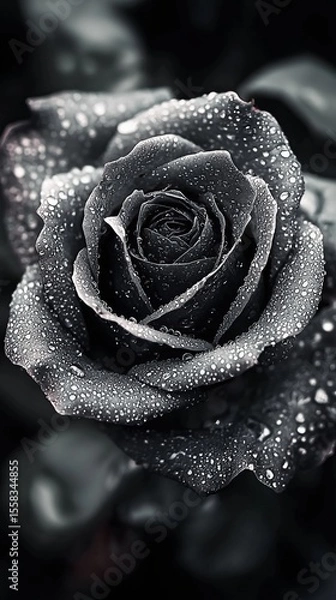 Fototapeta A striking image of a black rose adorned with raindrops, creating a dramatic contrast against a dark background, evoking feelings of mystery and elegance in an artistic expression.