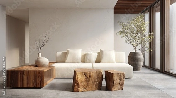 Fototapeta Minimalist modern living room interior with neutral tone furniture, clean lines, soft natural ambient light, and shallow depth of field, evoking calm and contemporary elegance.

