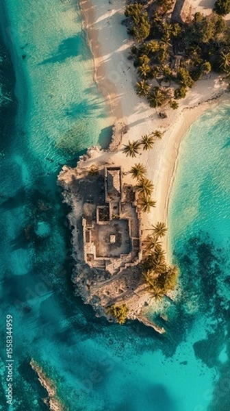Fototapeta An aerial perspective showcasing an abandoned structure on a secluded island, surrounded by turquoise waters and sandy beaches, evoking a sense of isolation and maritime beauty.