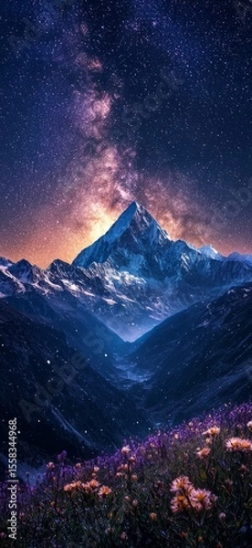 Fototapeta A stunning view of a snow-capped mountain illuminated by starlight, framed by vibrant blooming flowers in the foreground, creating a picturesque natural setting for tranquility and awe.