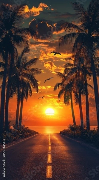 Fototapeta A picturesque sunset view of a palm-lined road leading to the horizon, bathed in warm colors and dramatic clouds, evoking feelings of freedom and adventure in nature.