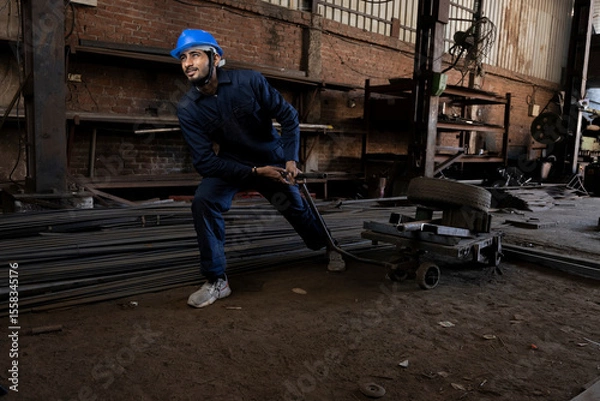 Fototapeta Factory worker with cage trolley at factory
