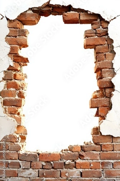 Fototapeta A weathered brick wall with a large opening, symbolizing fracture and potential, representing the idea of breaking barriers and new opportunities in creative expression.