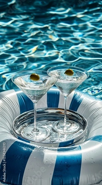Fototapeta Two elegant martini glasses sit on a striped pool float, with clear water shimmering around them, creating a refreshing and inviting summer vibe perfect for relaxation.