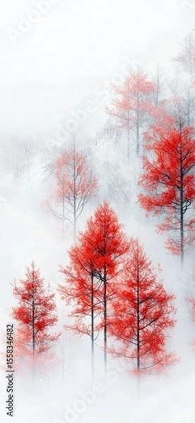 Fototapeta A breathtaking winter landscape featuring vibrant red trees emerging from a soft, ethereal fog captures the beauty of nature's transient moments in a serene setting.